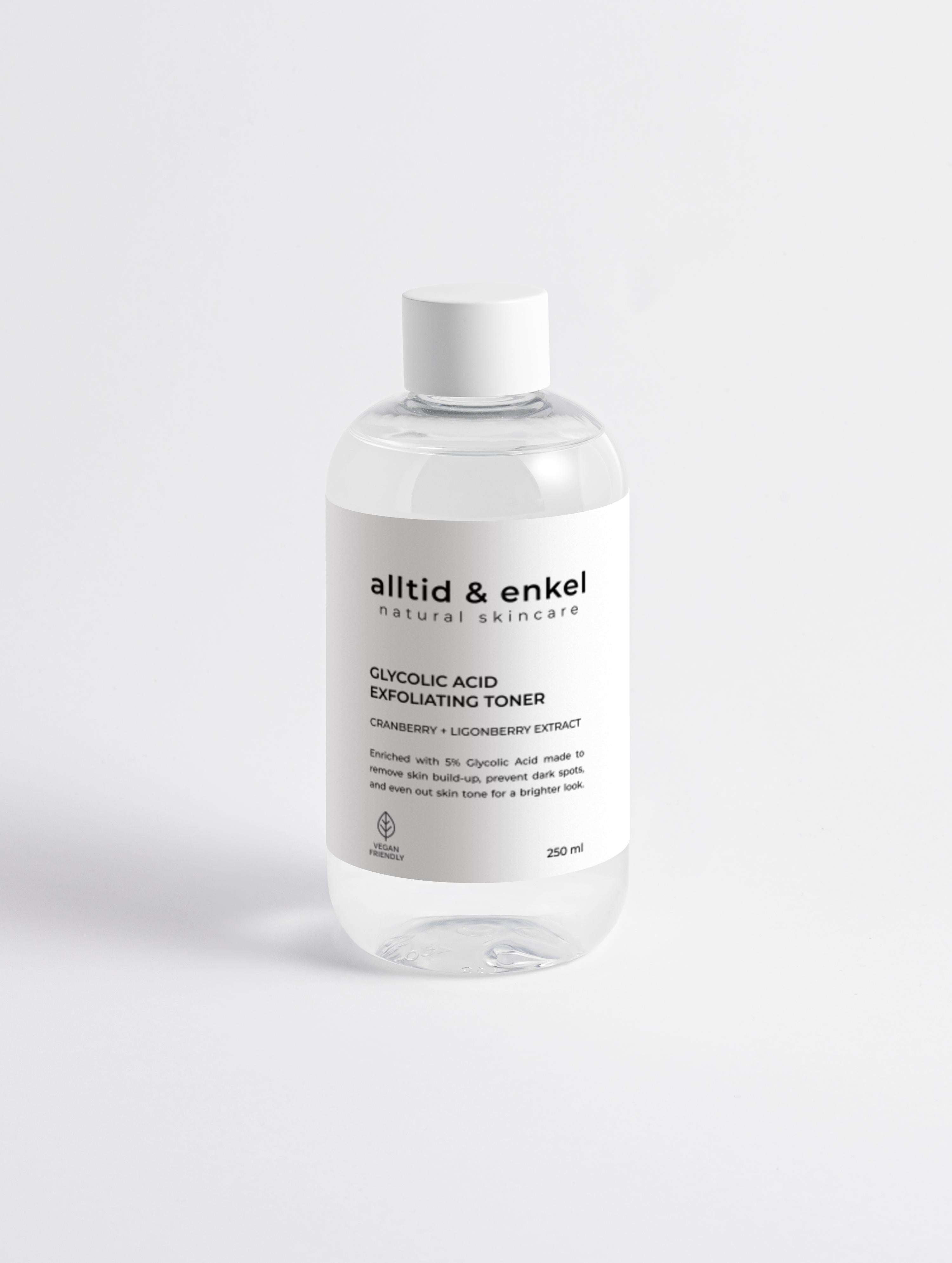 Glycolic acid face toner in a sleek white bottle on a white background, 290 ml.